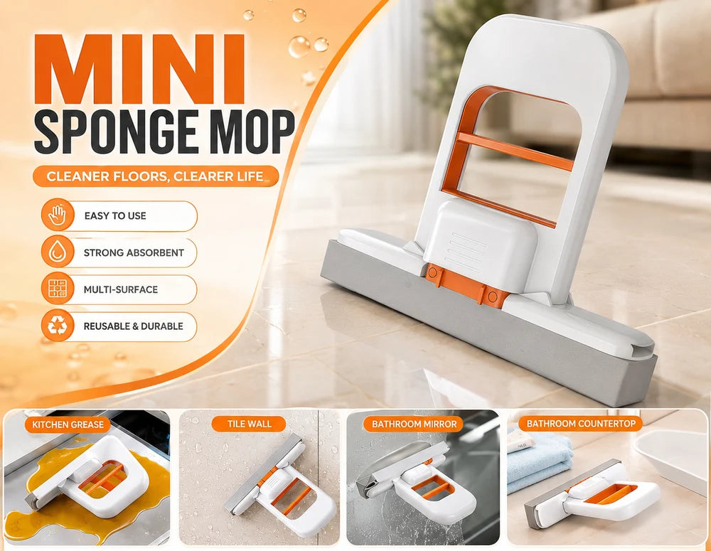 Mop Mini Foldable Mop Portable Self-Squeeze Quick Super Absorbent for Wet & Dry Granite Cleaning Kitchen Counters Tables & Glass