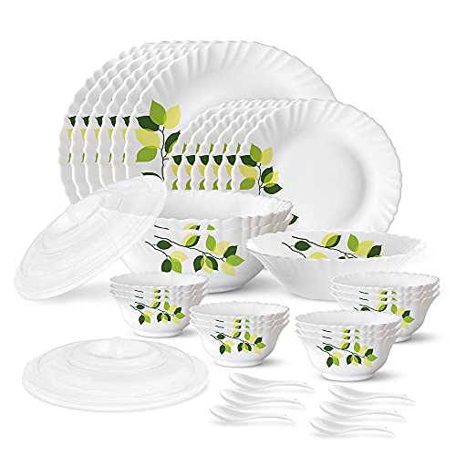 Larah by Borosil 35 Pieces Green Leaves Opalware Dinner Set for Family of 6