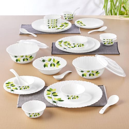 Larah by Borosil 35 Pieces Green Leaves Opalware Dinner Set for Family of 6