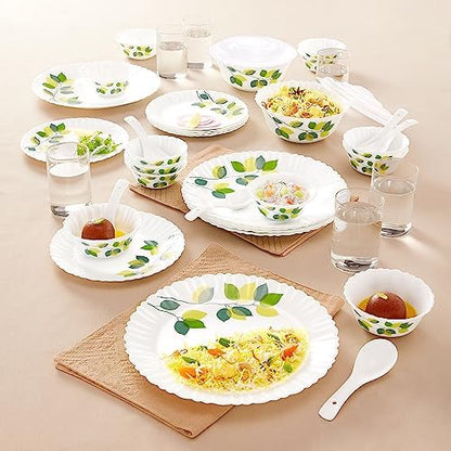 Larah by Borosil 35 Pieces Green Leaves Opalware Dinner Set for Family of 6